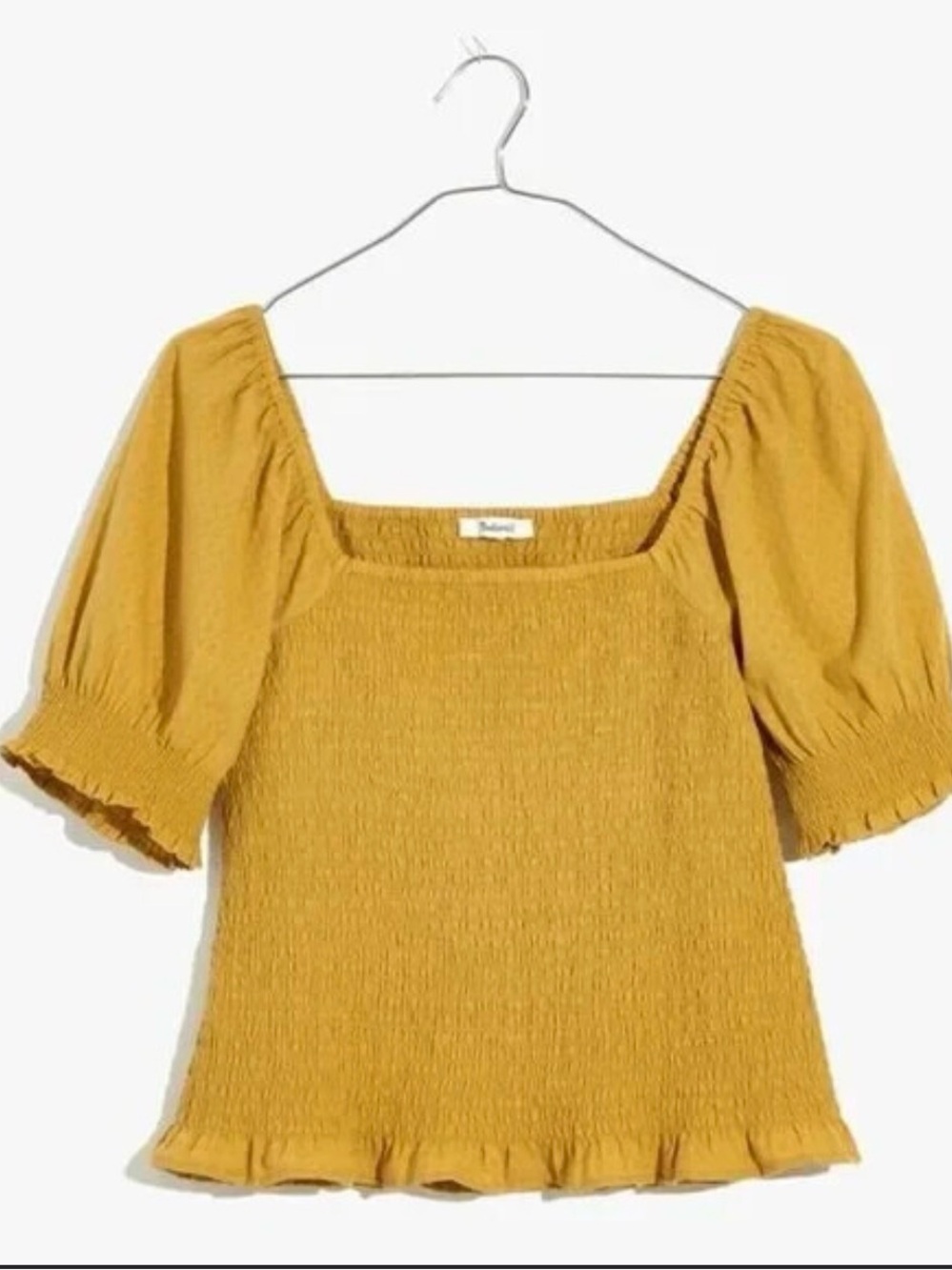 Madewell Mustard Smocked Square-Neck Puff Sleeve Top